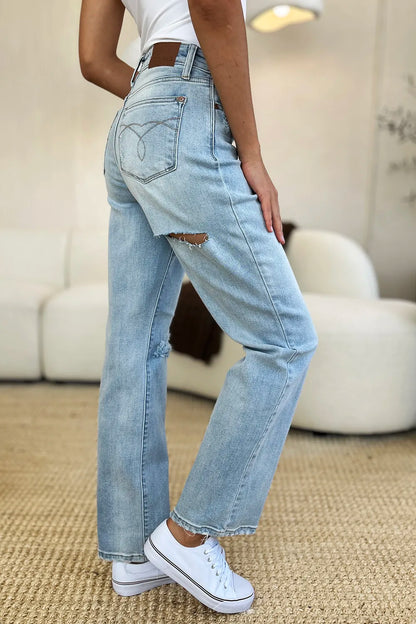 Judy Blue Full Size High Waist Distressed Straight Jeans - Fashorio