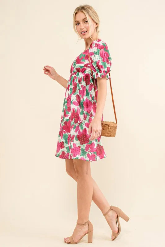 Smocked Floral Ruffle Mini Dress in Fuchsia detail