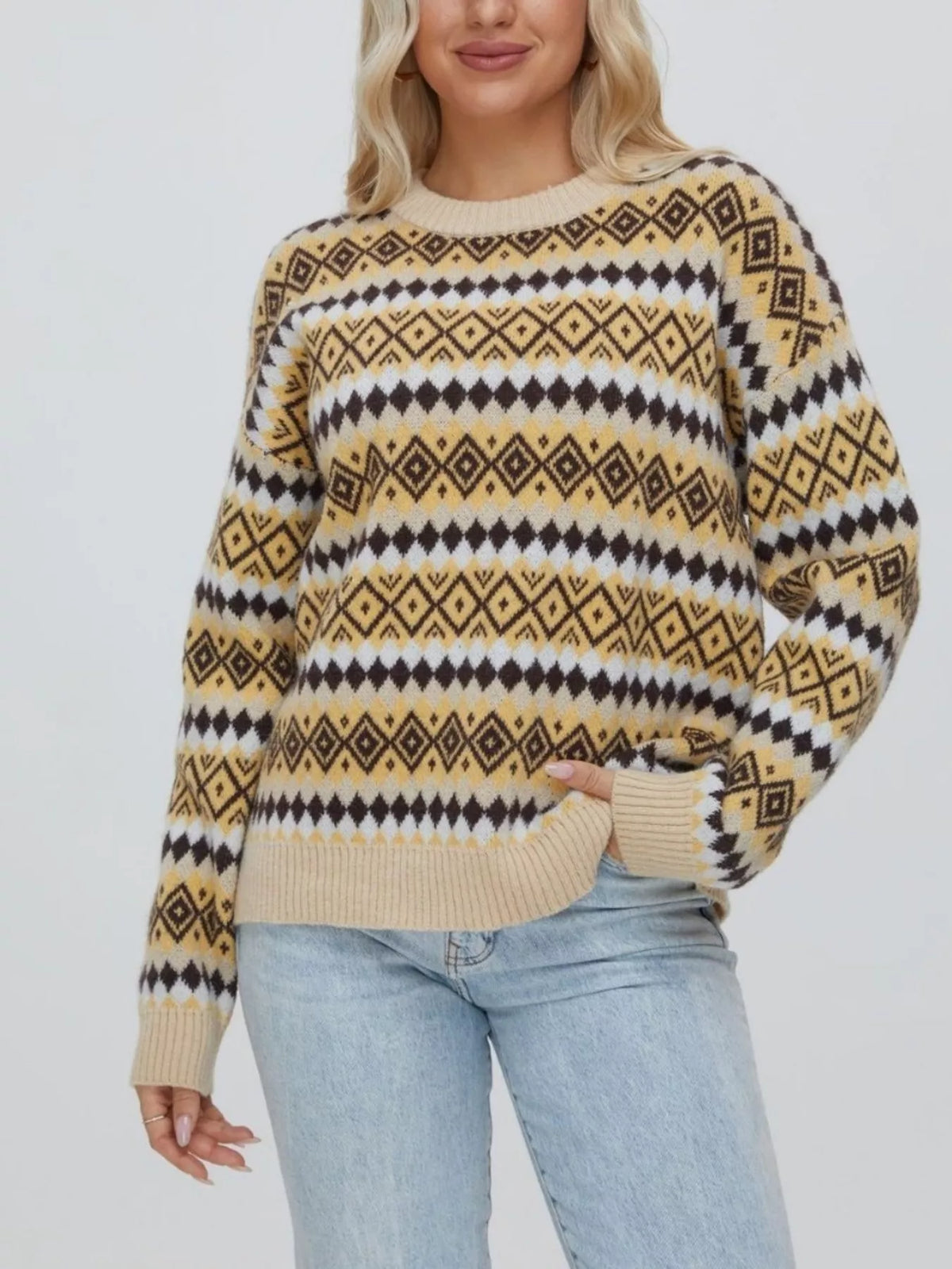 Geometric pattern round neck sweater front view