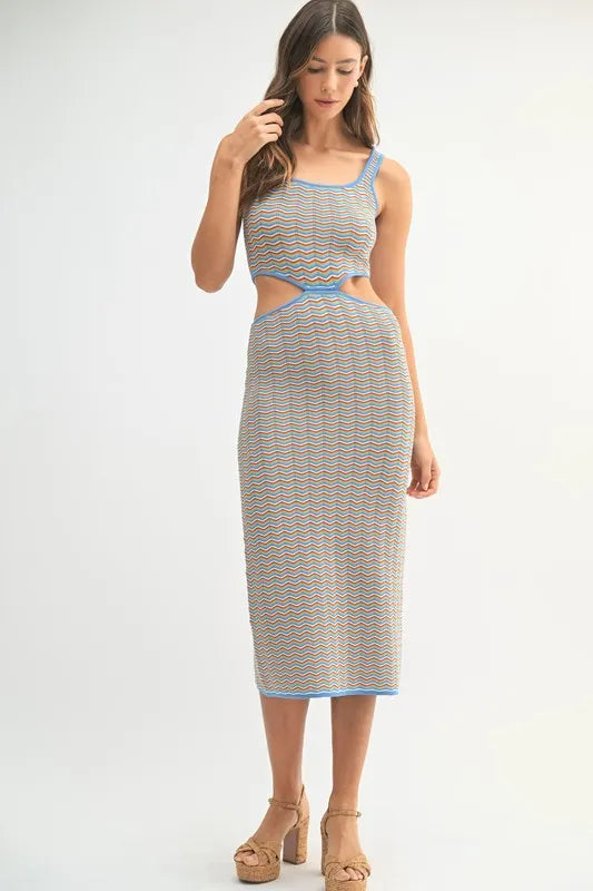 MABLE Multi Color Chevron Knit Bodycon Midi Dress - Fashorio