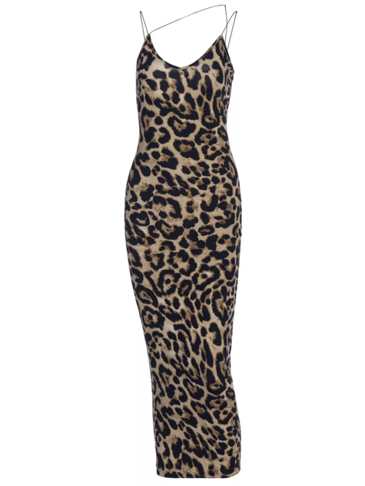 Spaghetti strap and neckline detail on the leopard dress