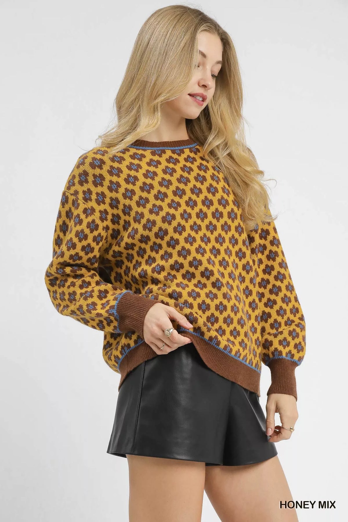 Abstract Print Crew Neck Sweater in Honey back view