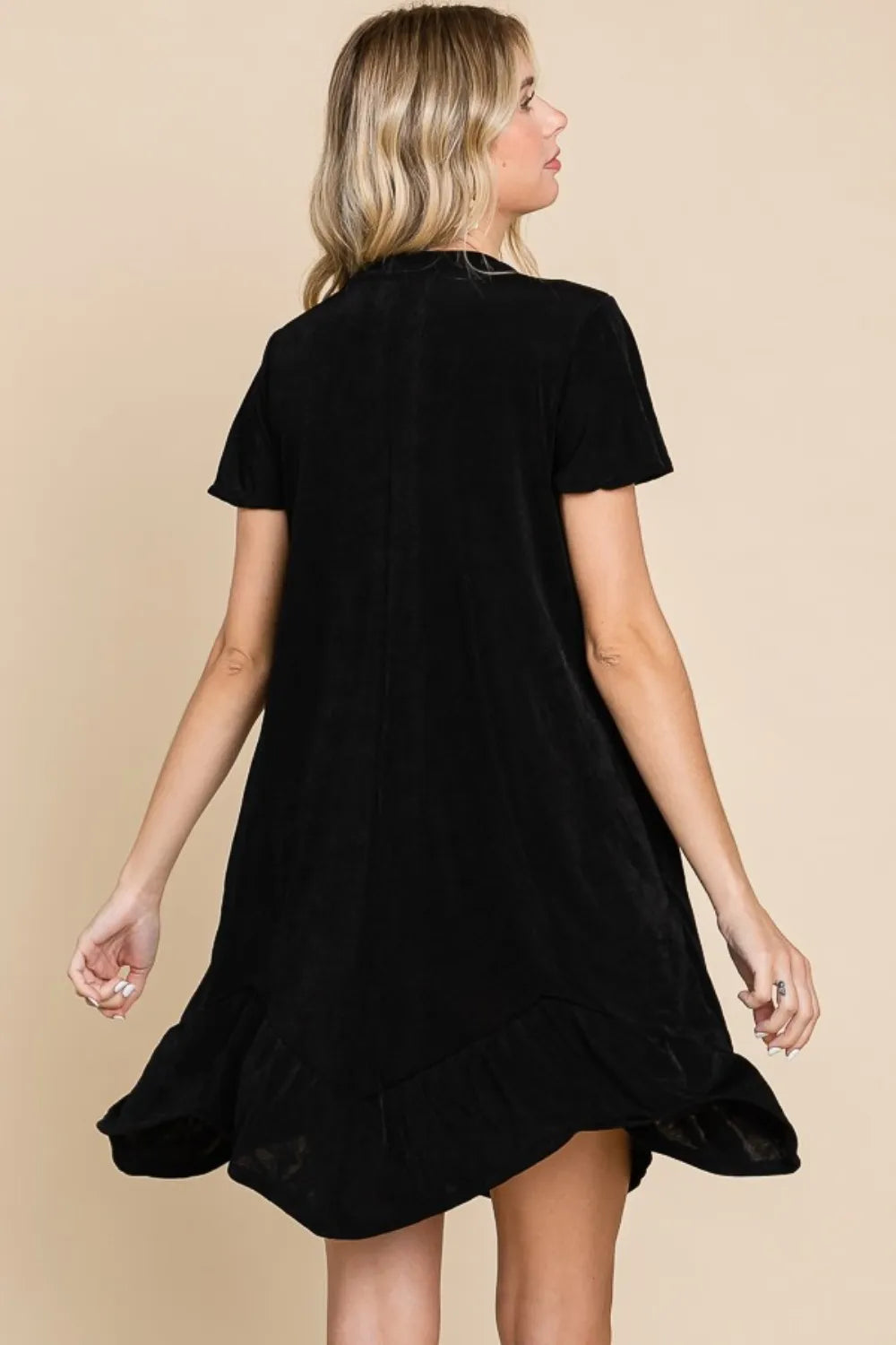 Ruffled Asymmetric Hem Dress in Black back view