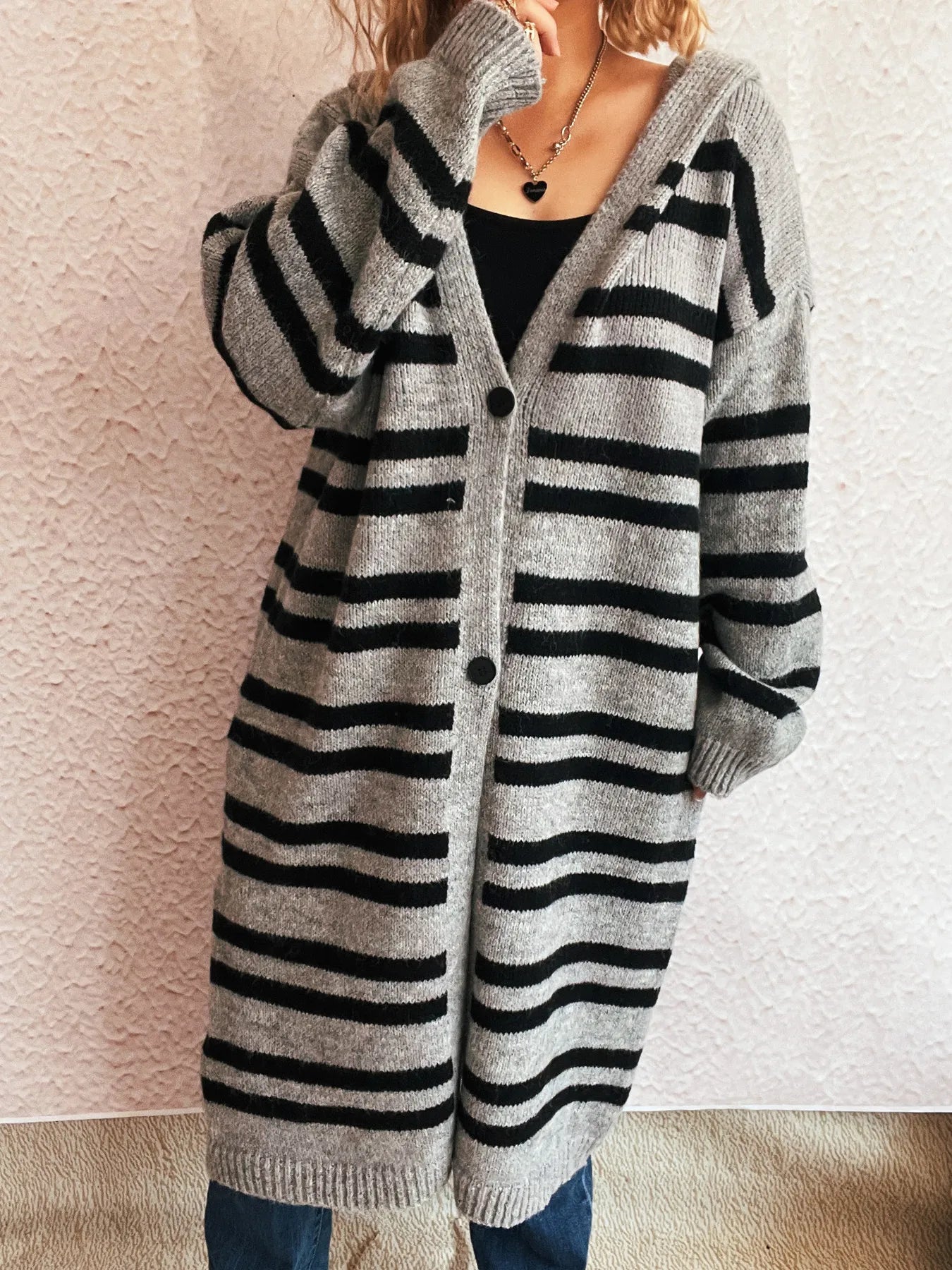 Striped Open Front Hooded Cardigan - Fashorio