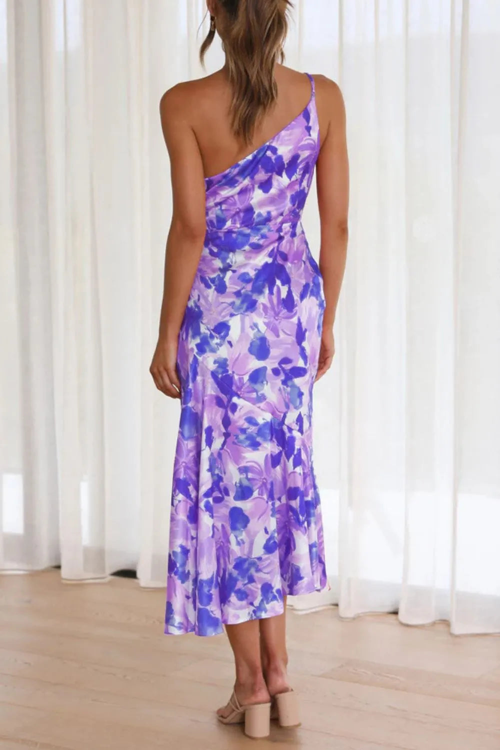 Lavender one shoulder midi dress side view