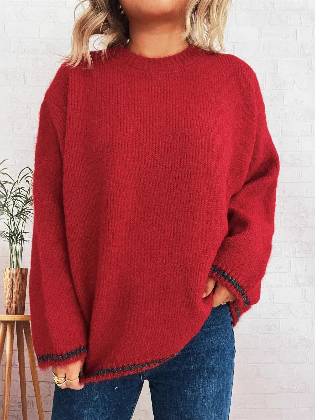 Contrast trim round neck oversized sweater knit texture