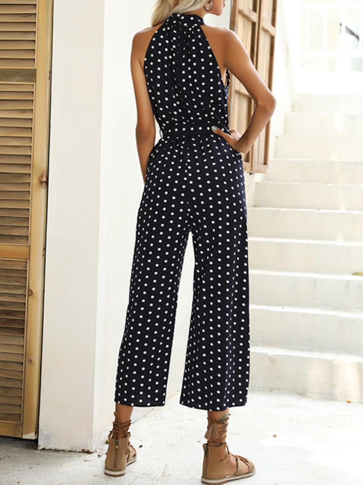 Back view of the halter neck jumpsuit