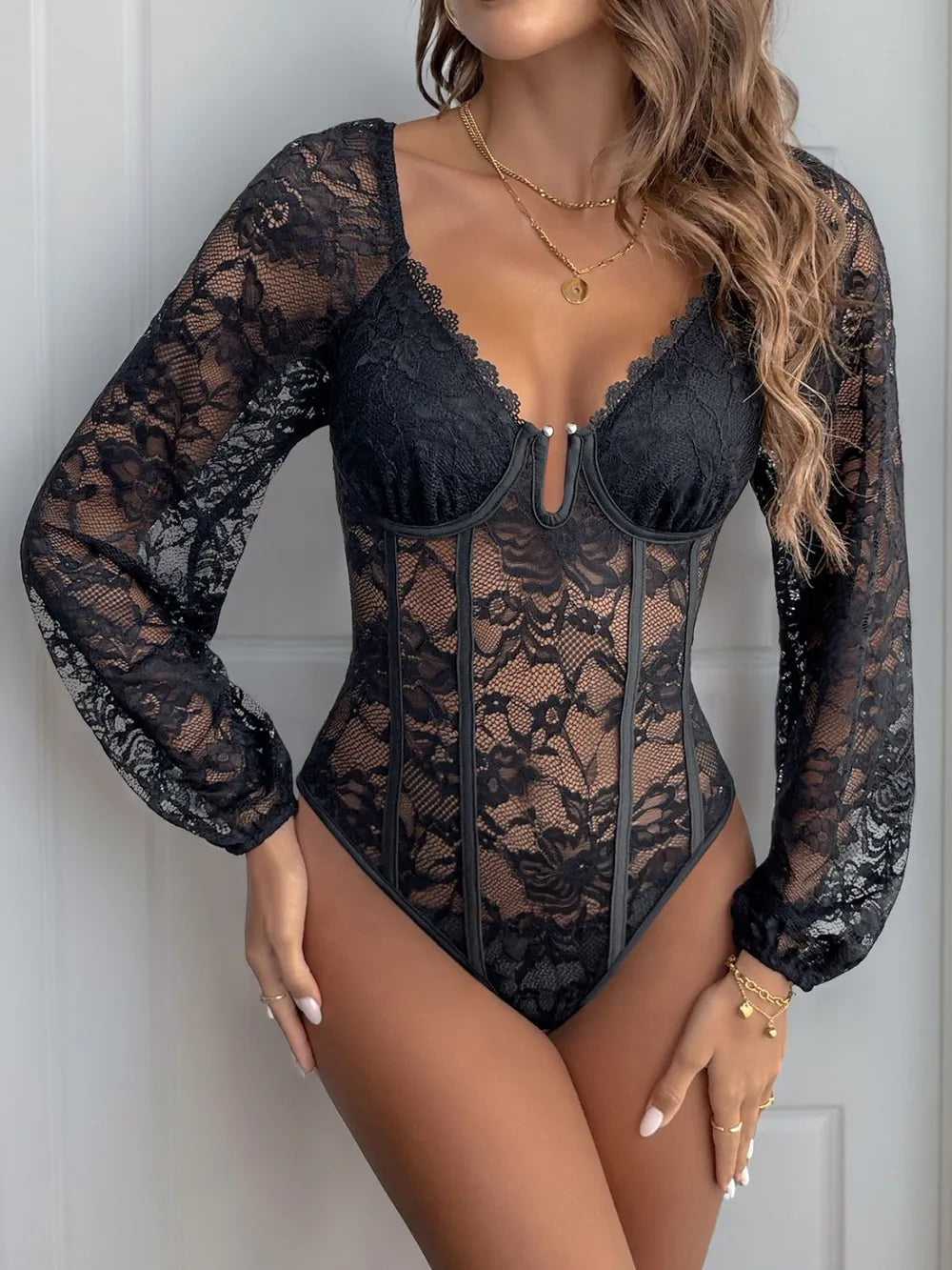 Perfee Lace V-Neck Long Sleeve Bodysuit - Fashorio