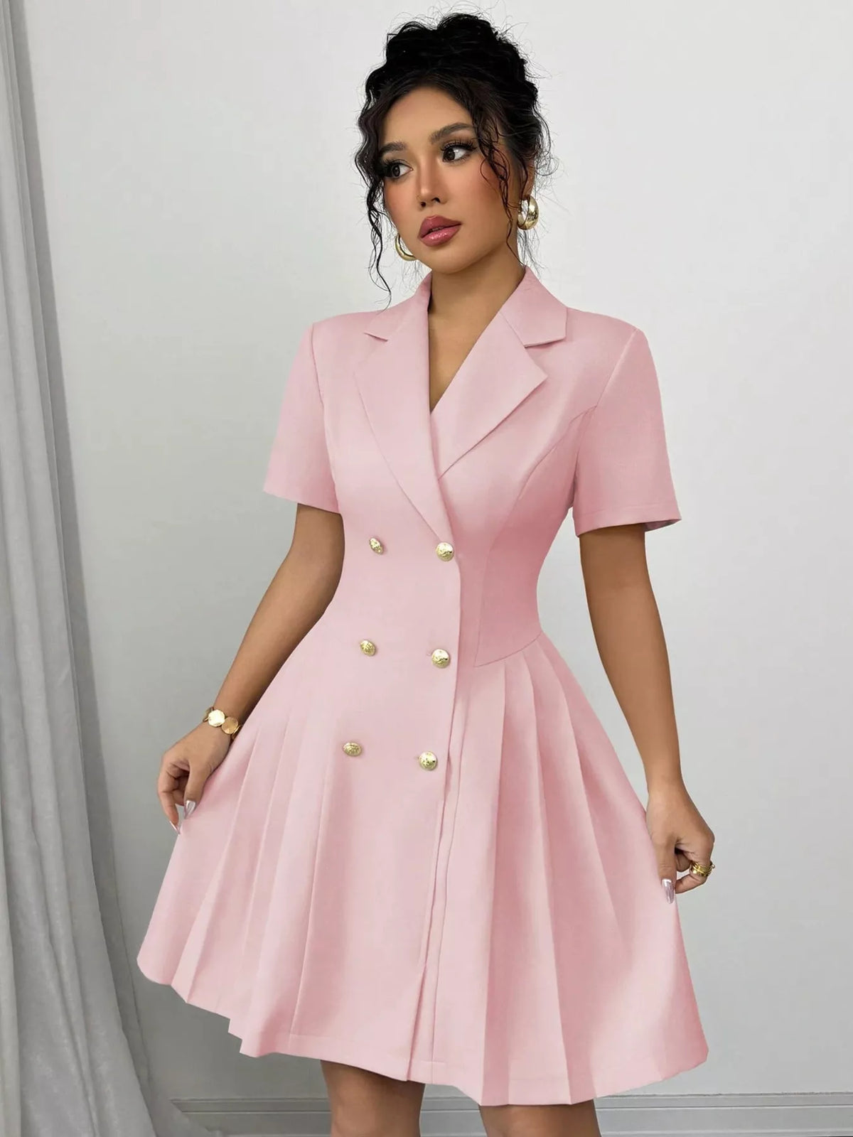 Double breasted pleated blazer dress side view
