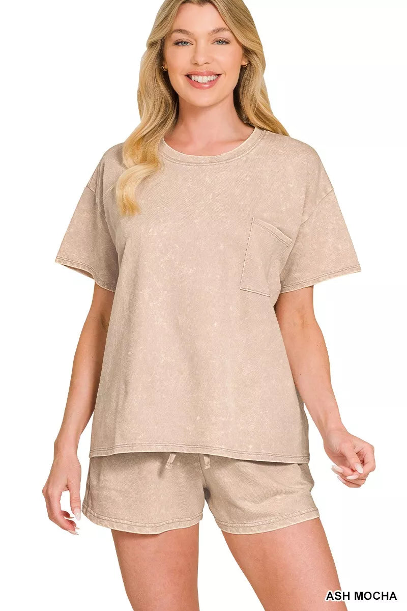 Acid wash French terry top and shorts set front view