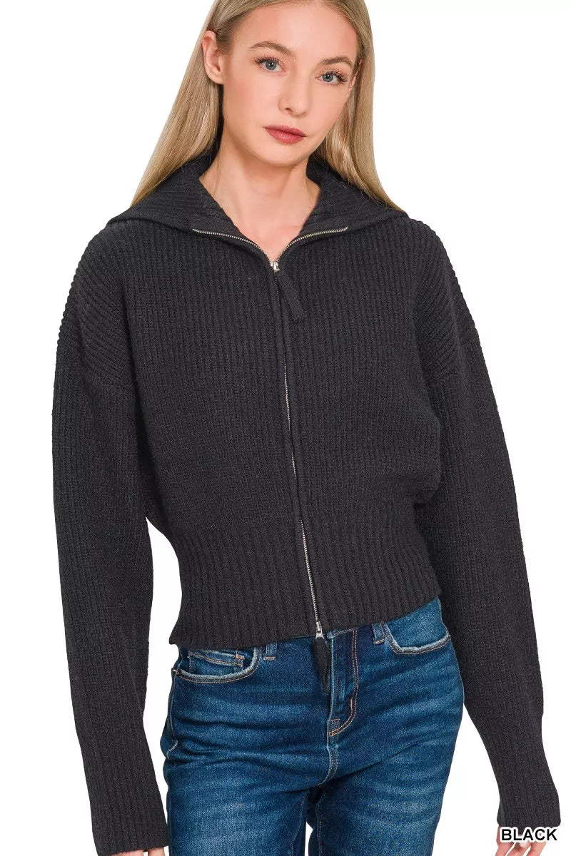 Ribbed Collared Zip Up Cardigan in Black