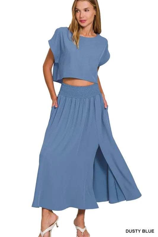 Zenana Woven Crinkle Gauze Crop Tee and Skirt Set - Fashorio