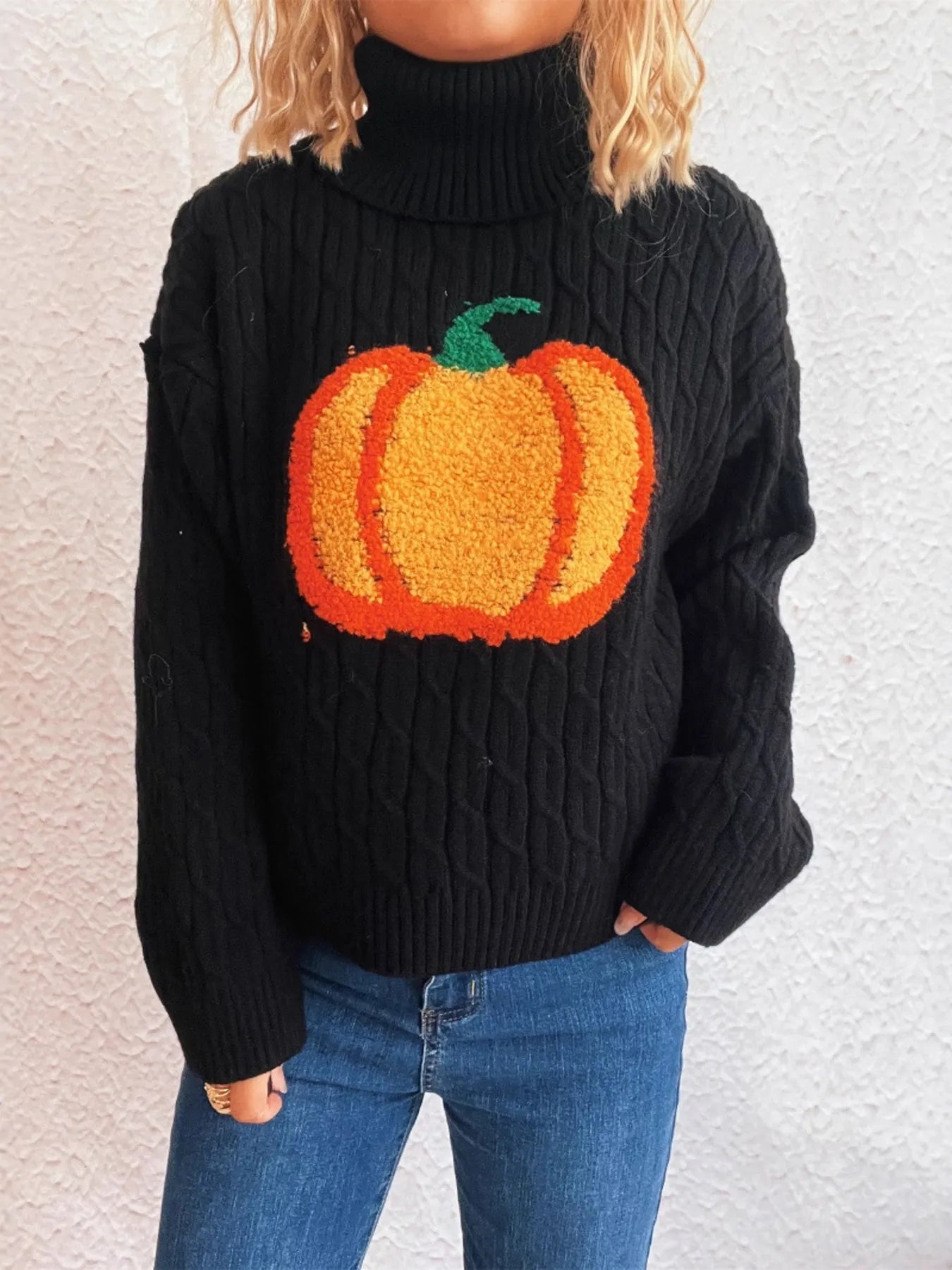 Pumpkin Turtleneck Long Sleeve Sweater Black One Size - Fashorio