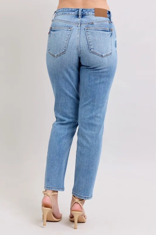 Judy Blue Full Size Mid Rise Vintage Wash Slim Jeans with Cell Phone Pocket Plus Size - Fashorio