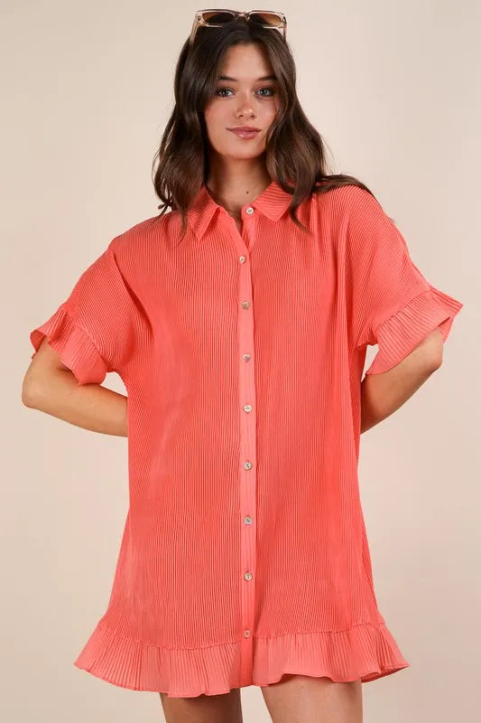 Pleated Button Down Mini Dress in Orange back view
