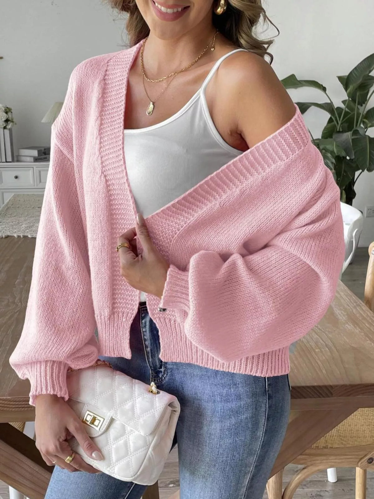 open front dropped shoulder cardigan side view