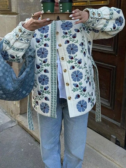 Printed Button Down Long Sleeve Winter Coat - Fashorio