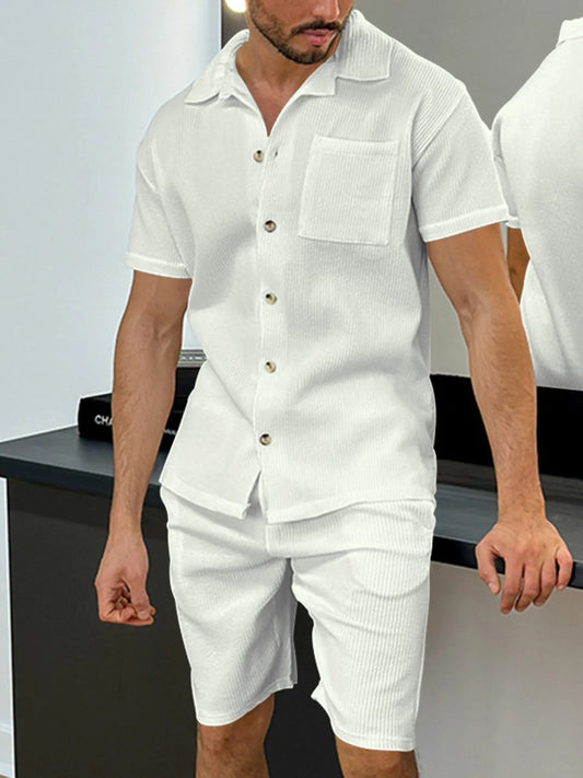 Men's Full Size Button Up Top and Shorts Set Plus Size White - Fashorio