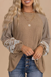 Striped Round Neck Long Sleeve Blouse Khaki - Fashorio