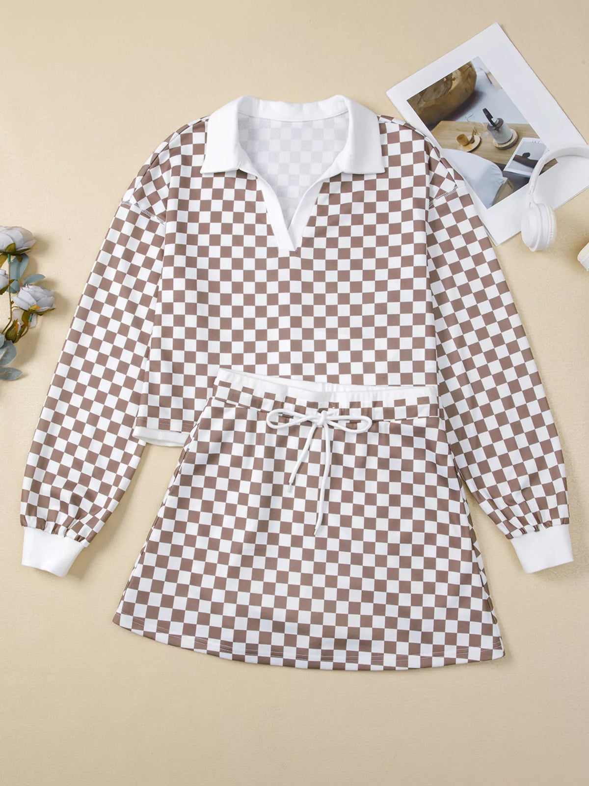 Checkered Print Polo Collar Cropped Long Sleeve Top and Drawstring Mini Skirt Set on model