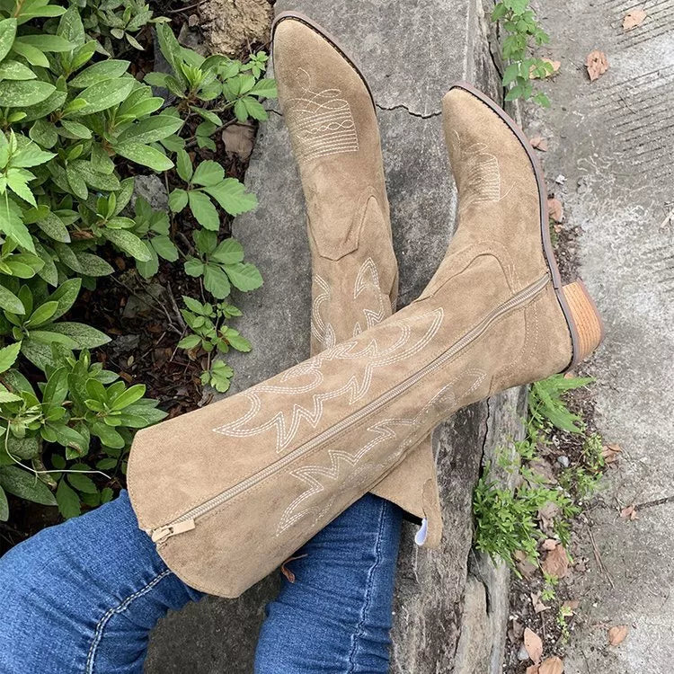 Suede point toe block heel boots colour close up