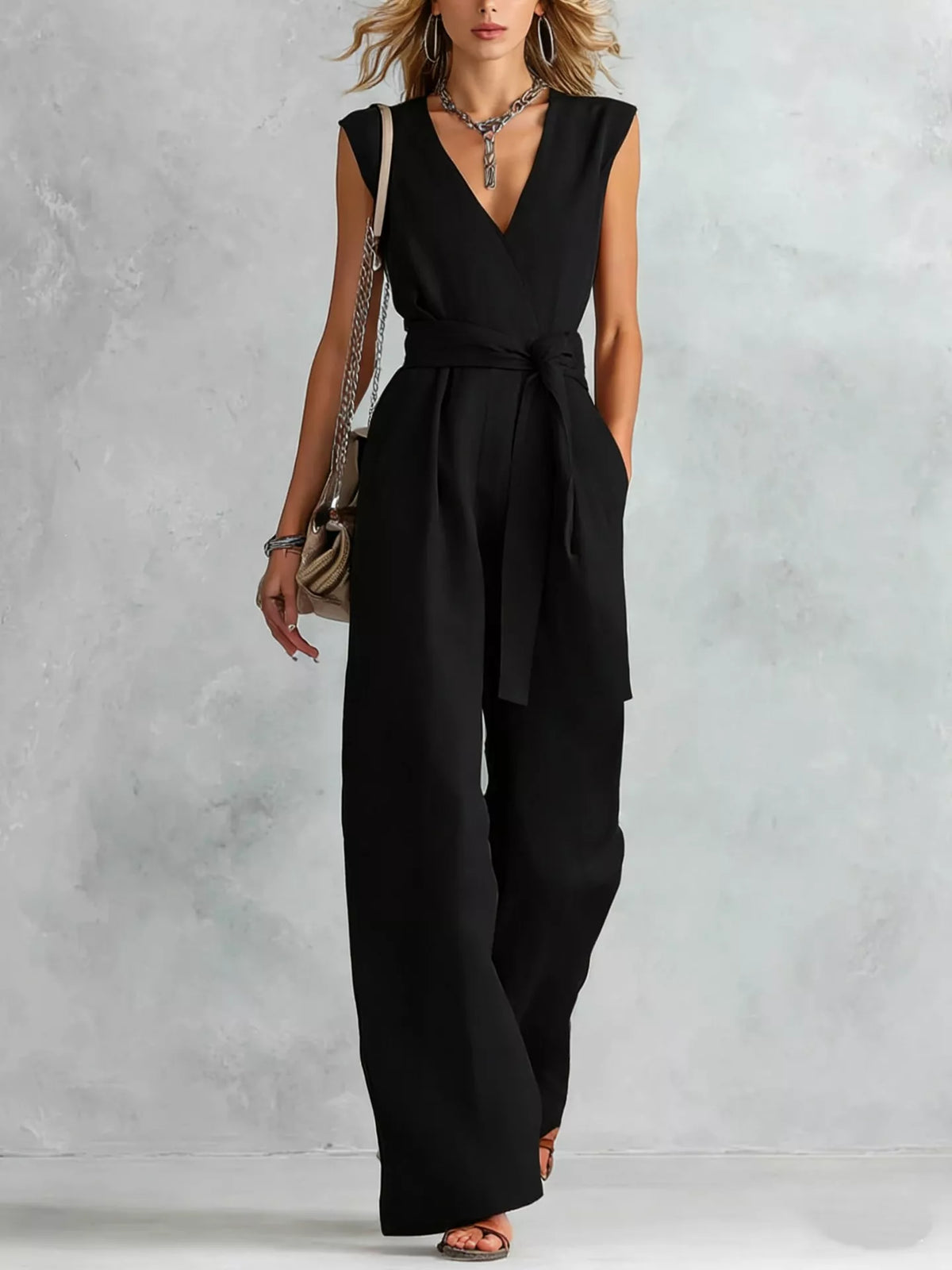 Pocket detail on womens wide leg jumpsuit