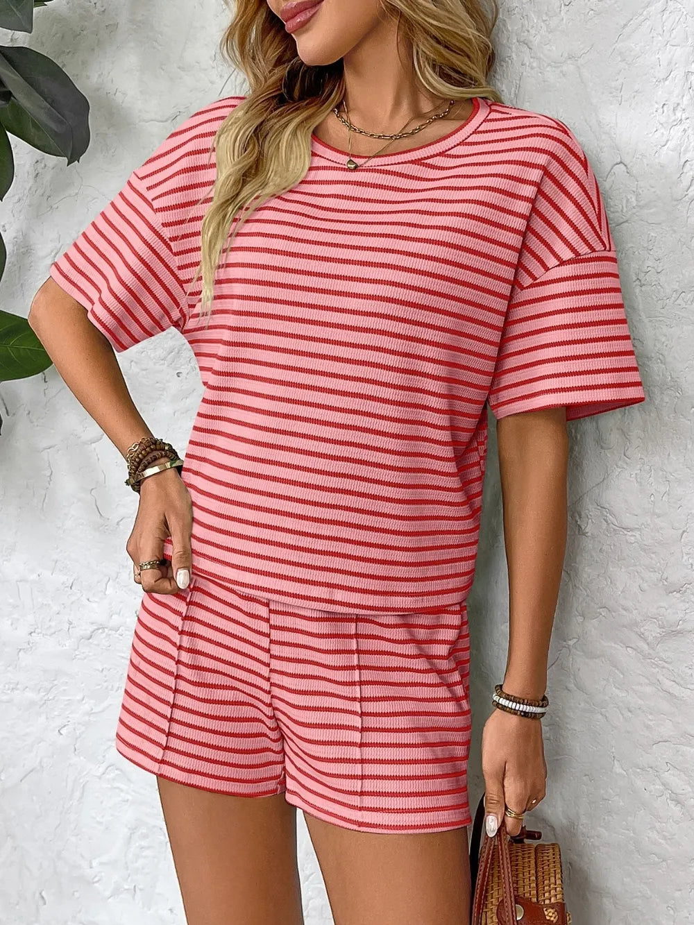 Striped Round Neck Short Sleeve Top and Shorts Set - Fashorio