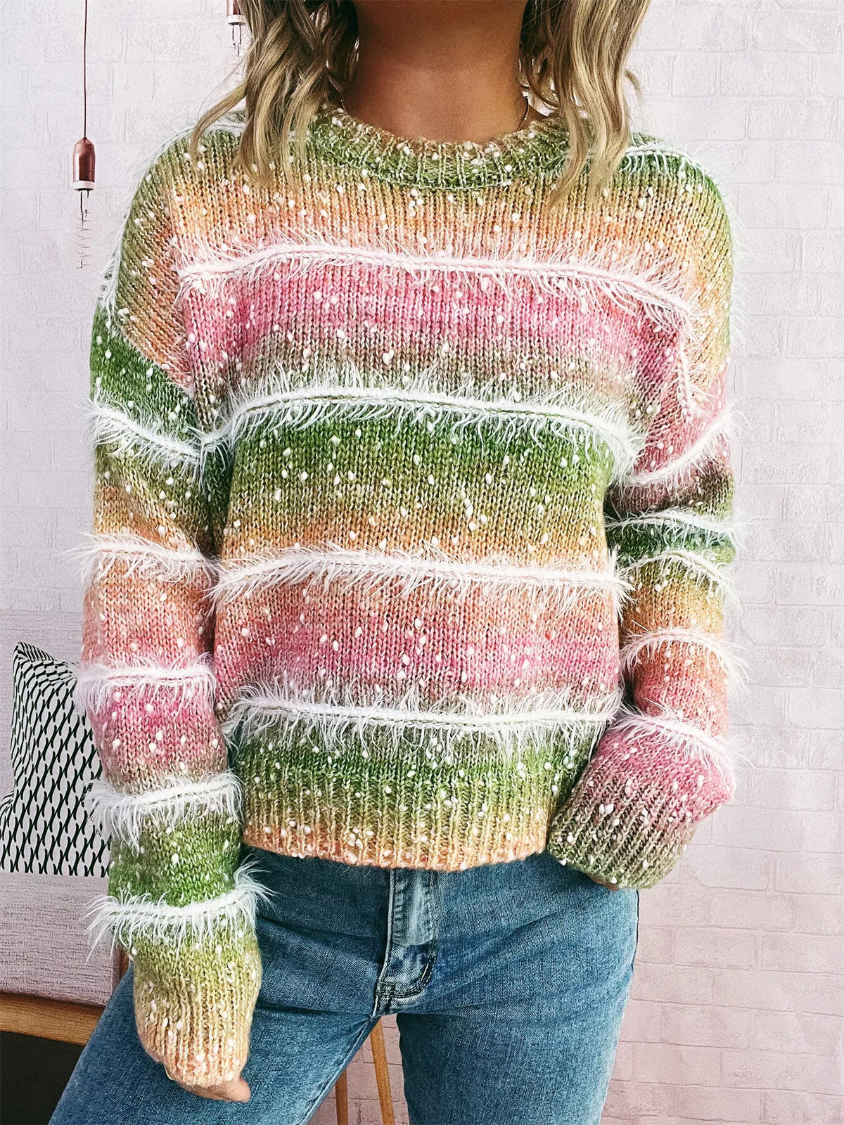 gradient striped round neck sweater full length view