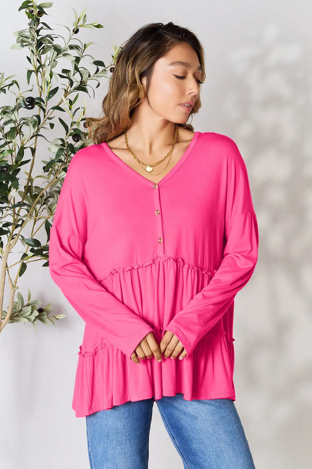 Double Take Half Button Long Sleeve Ruffle Hem Blouse - Fashorio