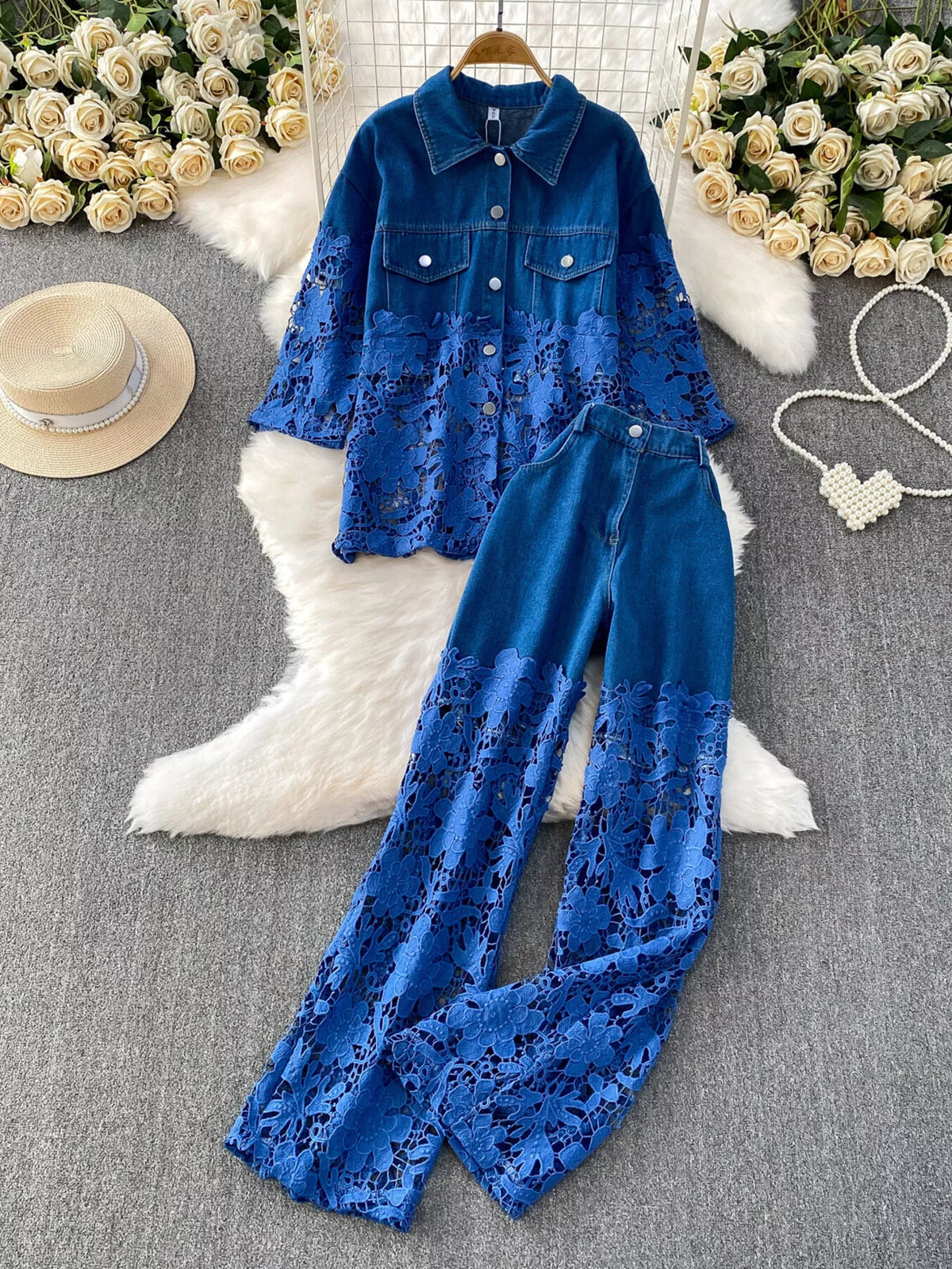 Lace patchwork pants pocket close up