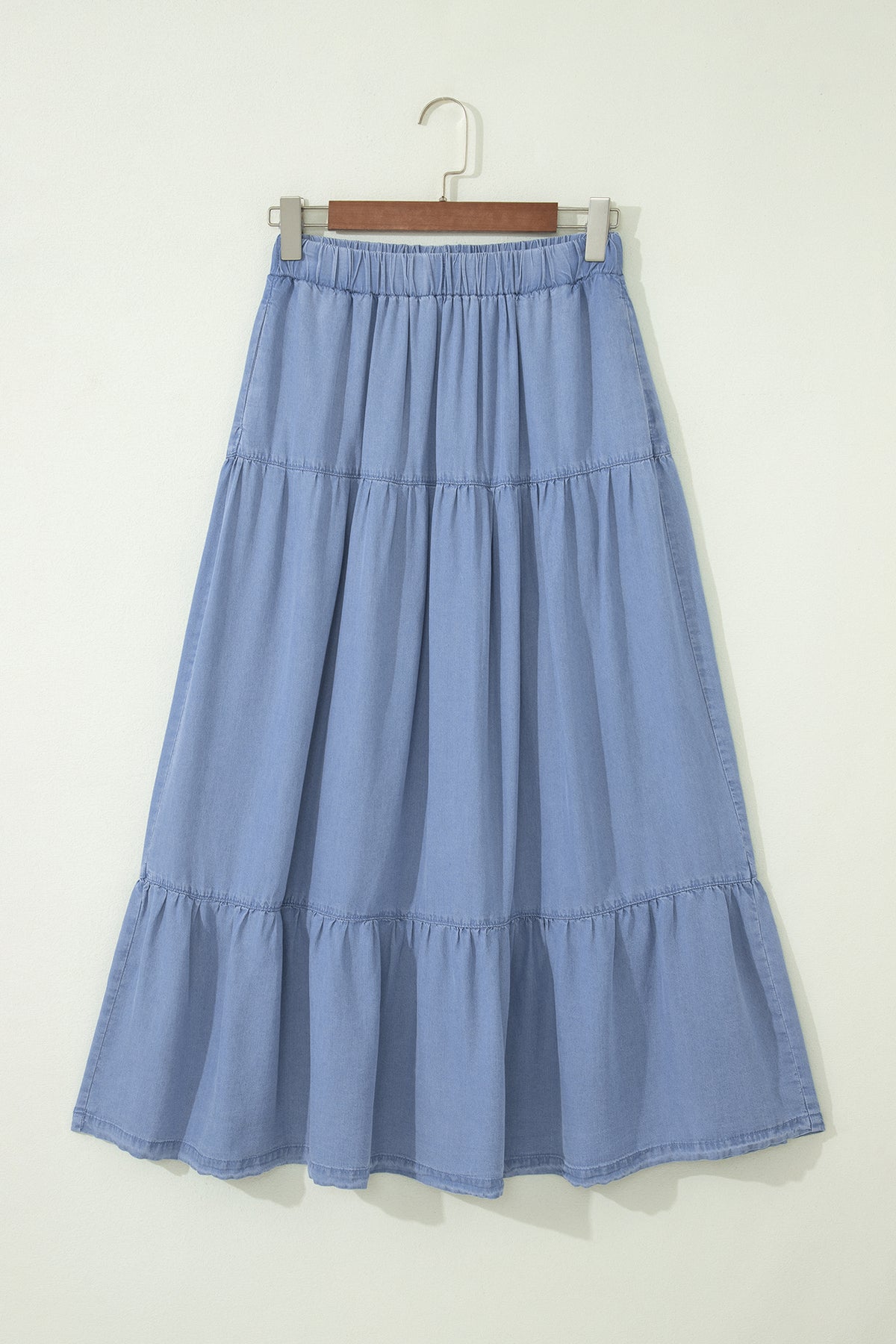 Womens elastic waist denim maxi skirt styled look