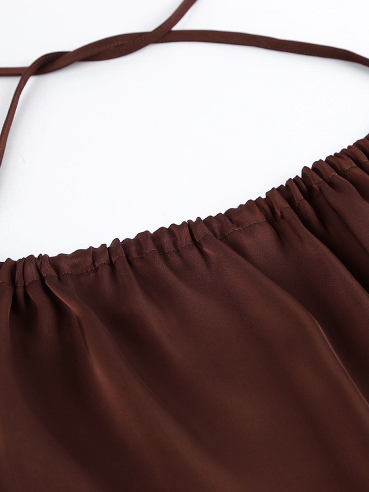 brown backless halter neck maxi dress neckline detail