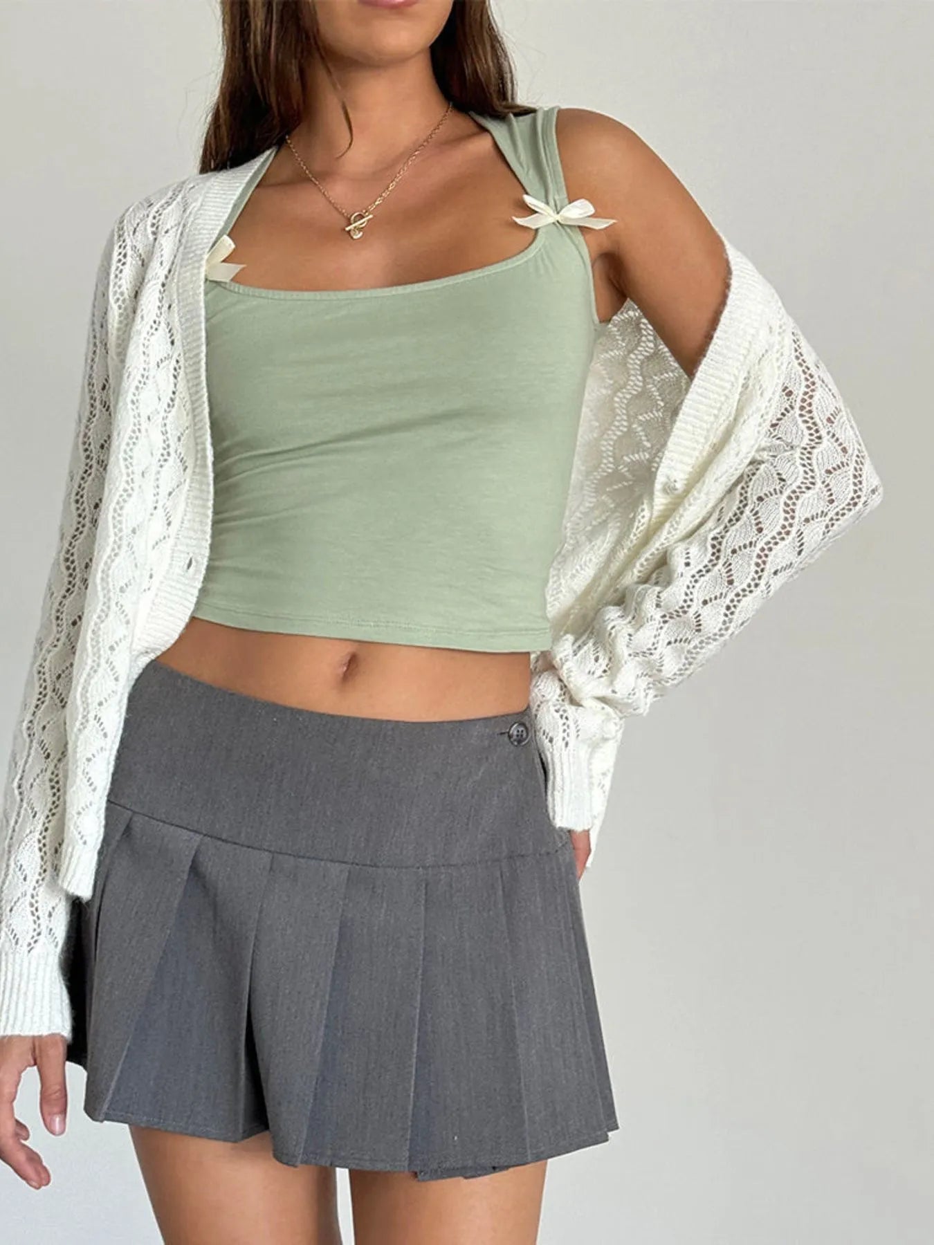 Bow Detail Square Neck Cropped Tank Sage - Fashorio