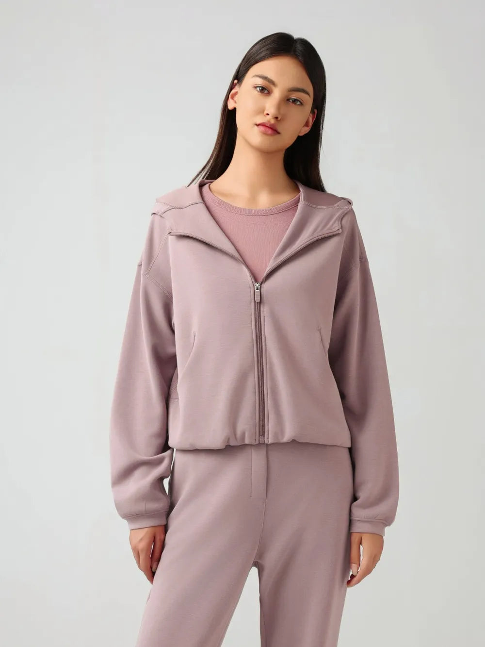 Millennia Zip Up Dropped Shouder Active Hooded Dusty Pink - Fashorio