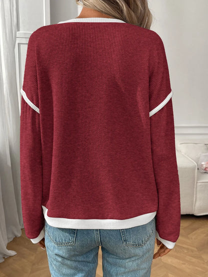 Ribbed Contrast Trim Long Sleeve Top - Fashorio