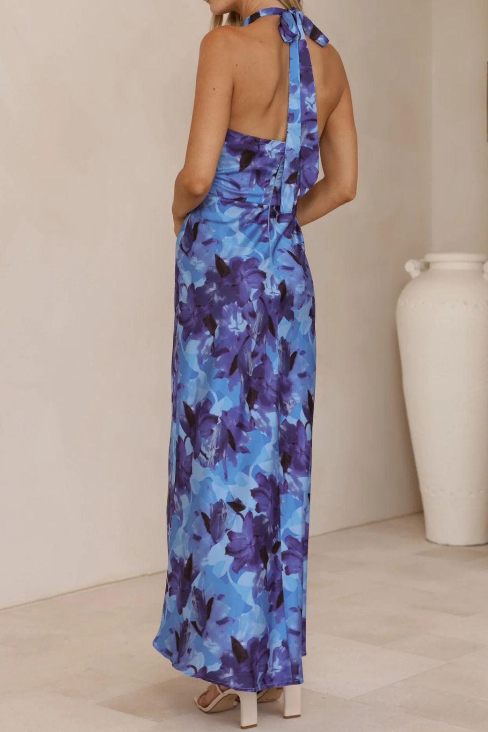 floral halter neck maxi dress with leg slit side view