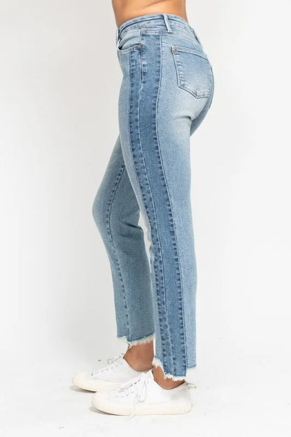 Judy Blue Vintage Wash Side Panel Fray Hem Slim Jeans – Plus Size - Fashorio