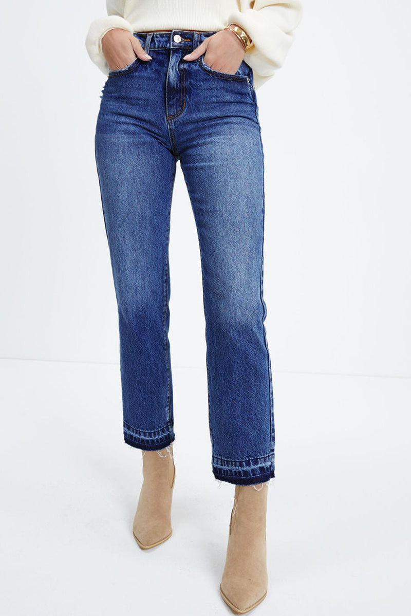Dark blue whiskered wash cropped jeans front view