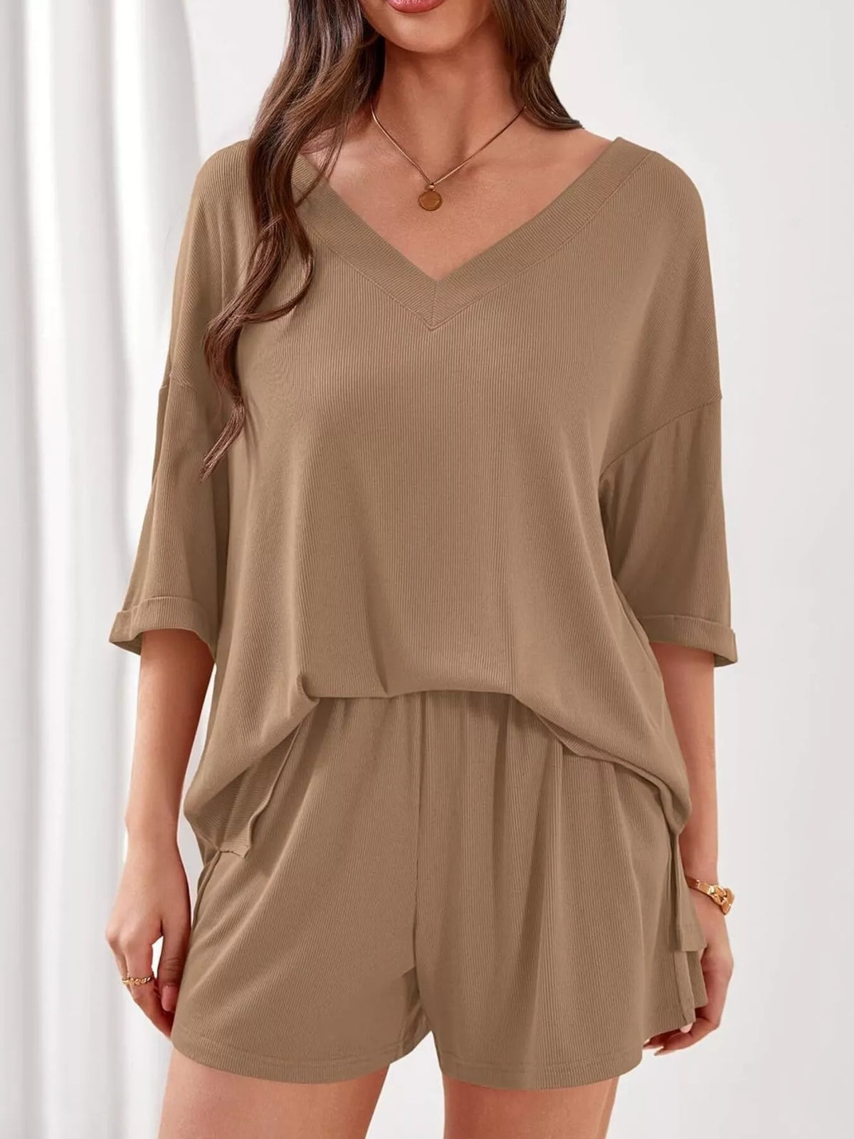 V neck top and shorts set side view