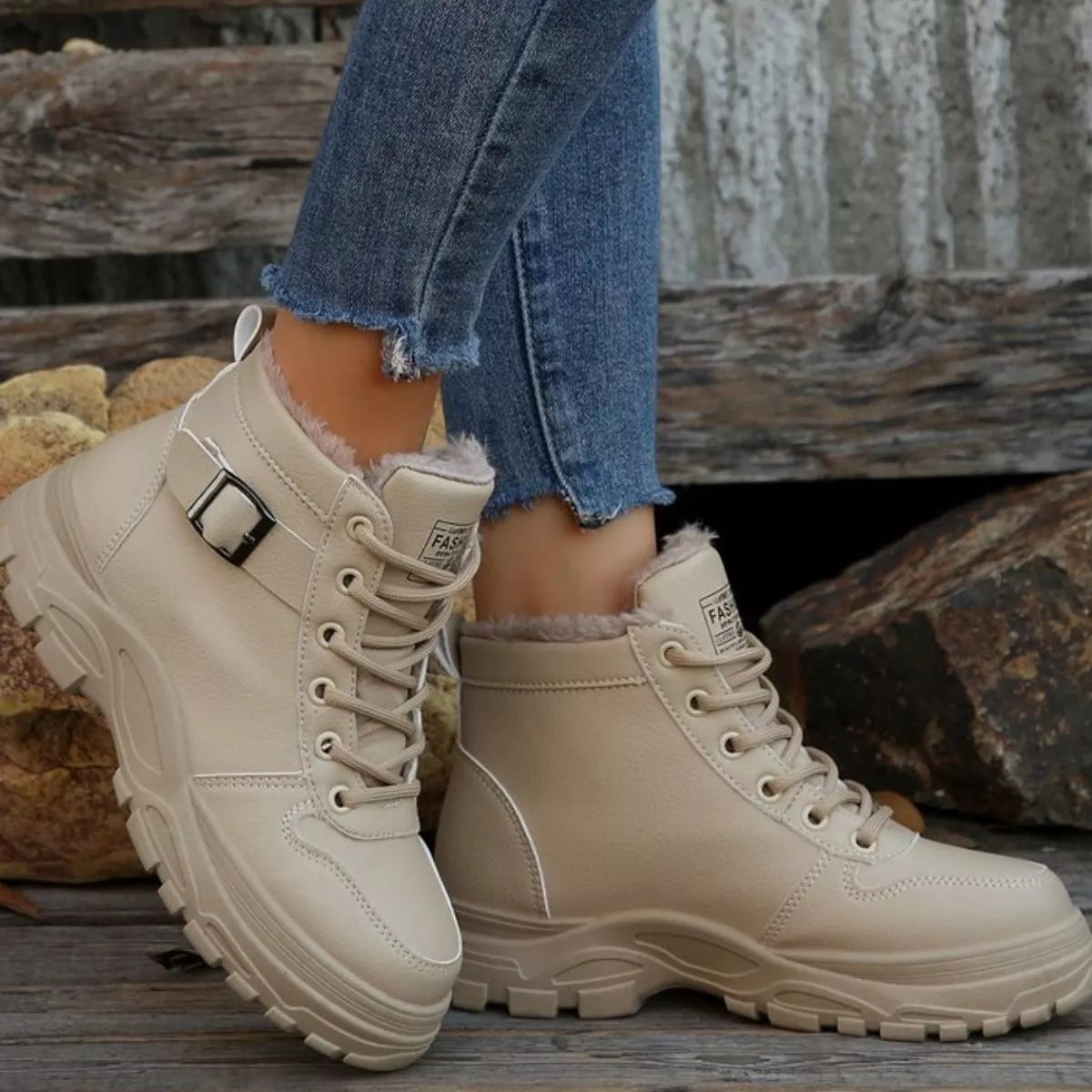 Warm lined buckle ankle boots worn on model