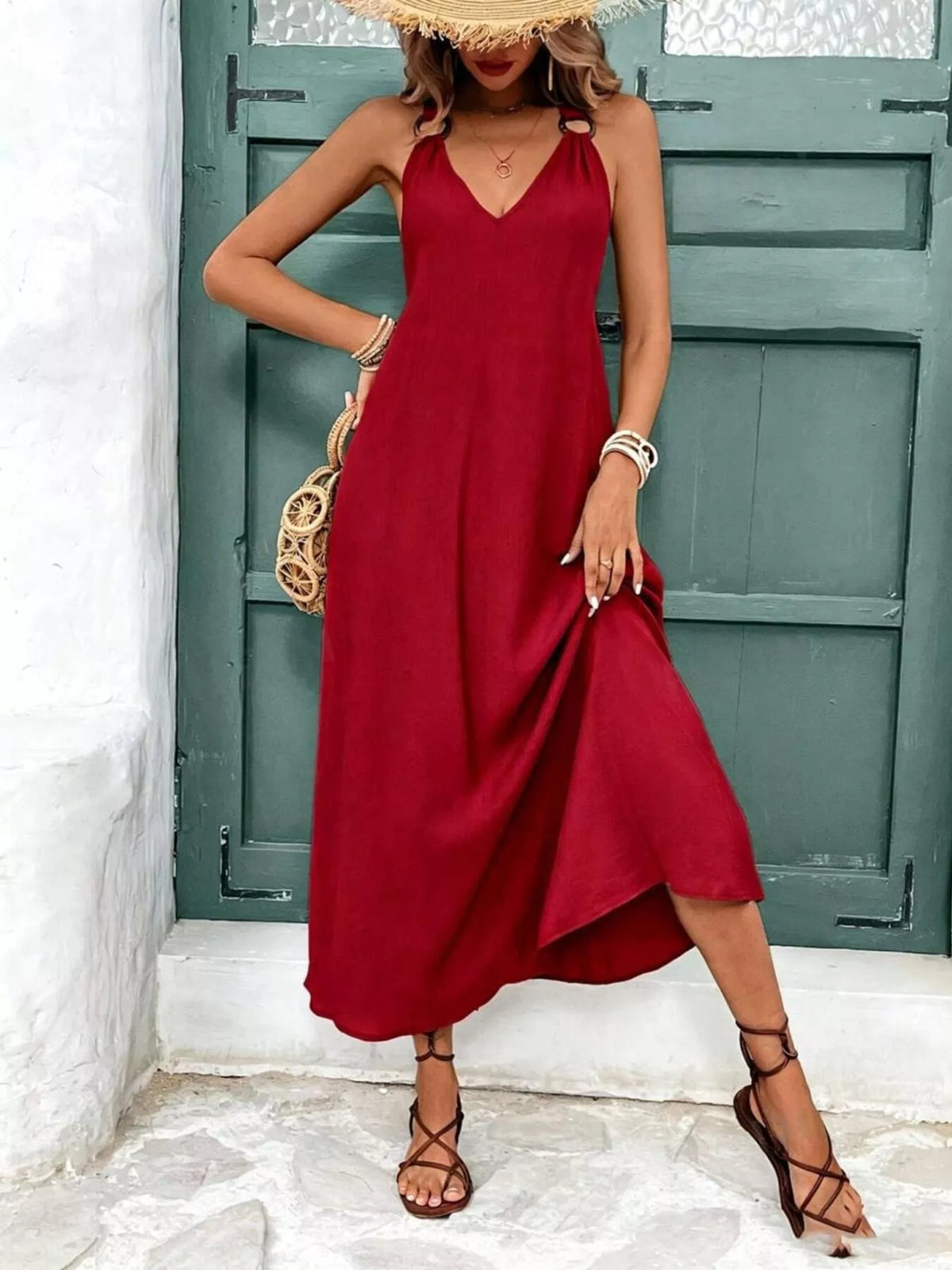 Burgundy V neck sleeveless midi dress back view