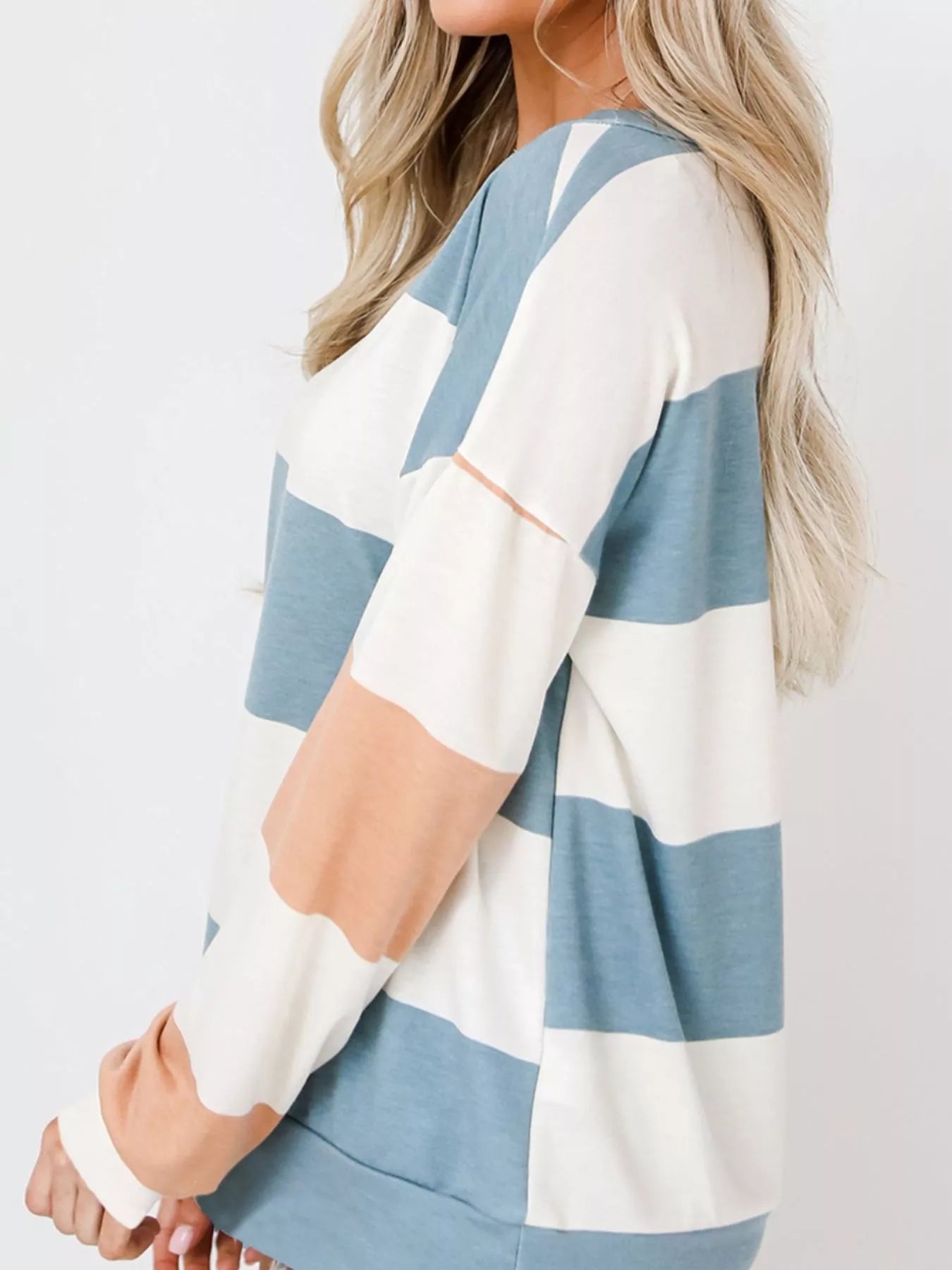 Color Block Drop Shoulder Long Sleeve Top - Fashorio