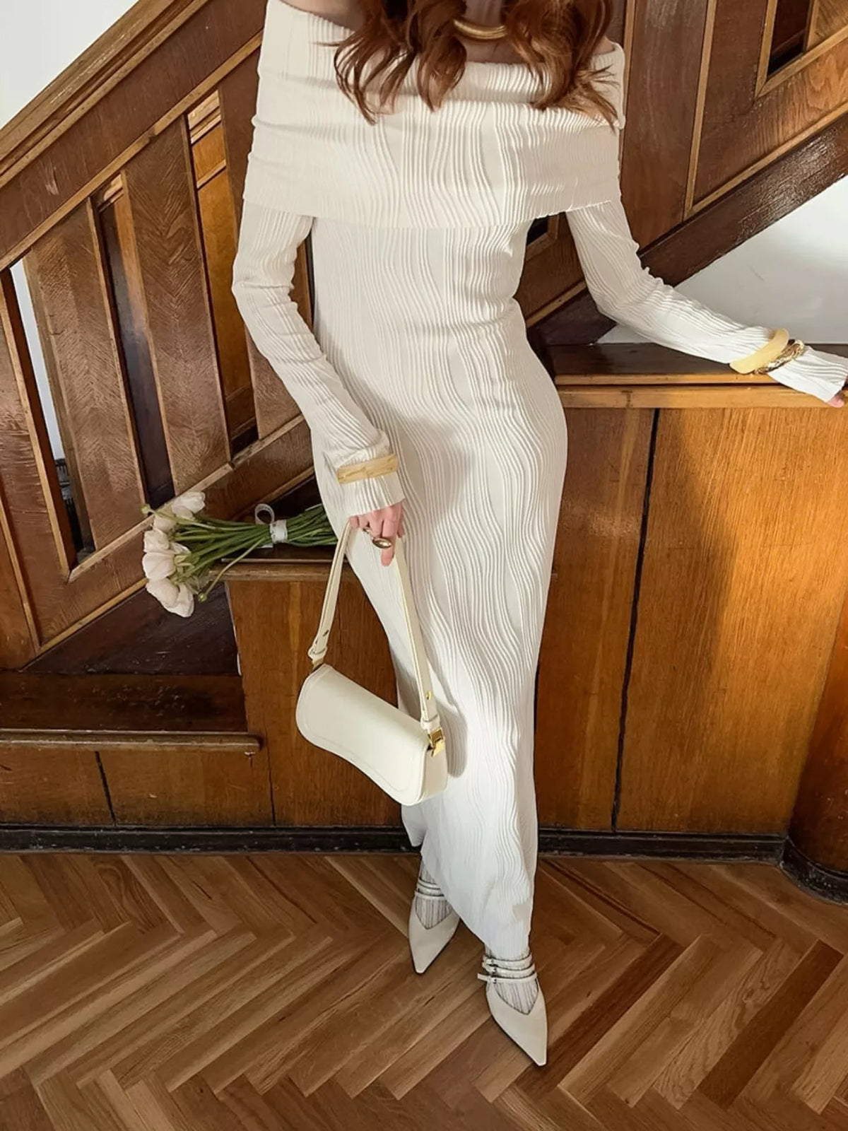 Ivory off shoulder textured knit maxi dress, full length view