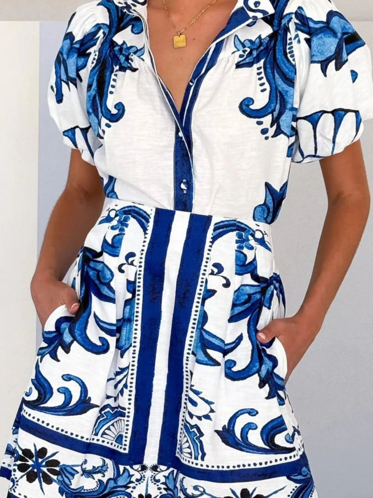 Belted printed skirt and puff sleeve top matching set detail