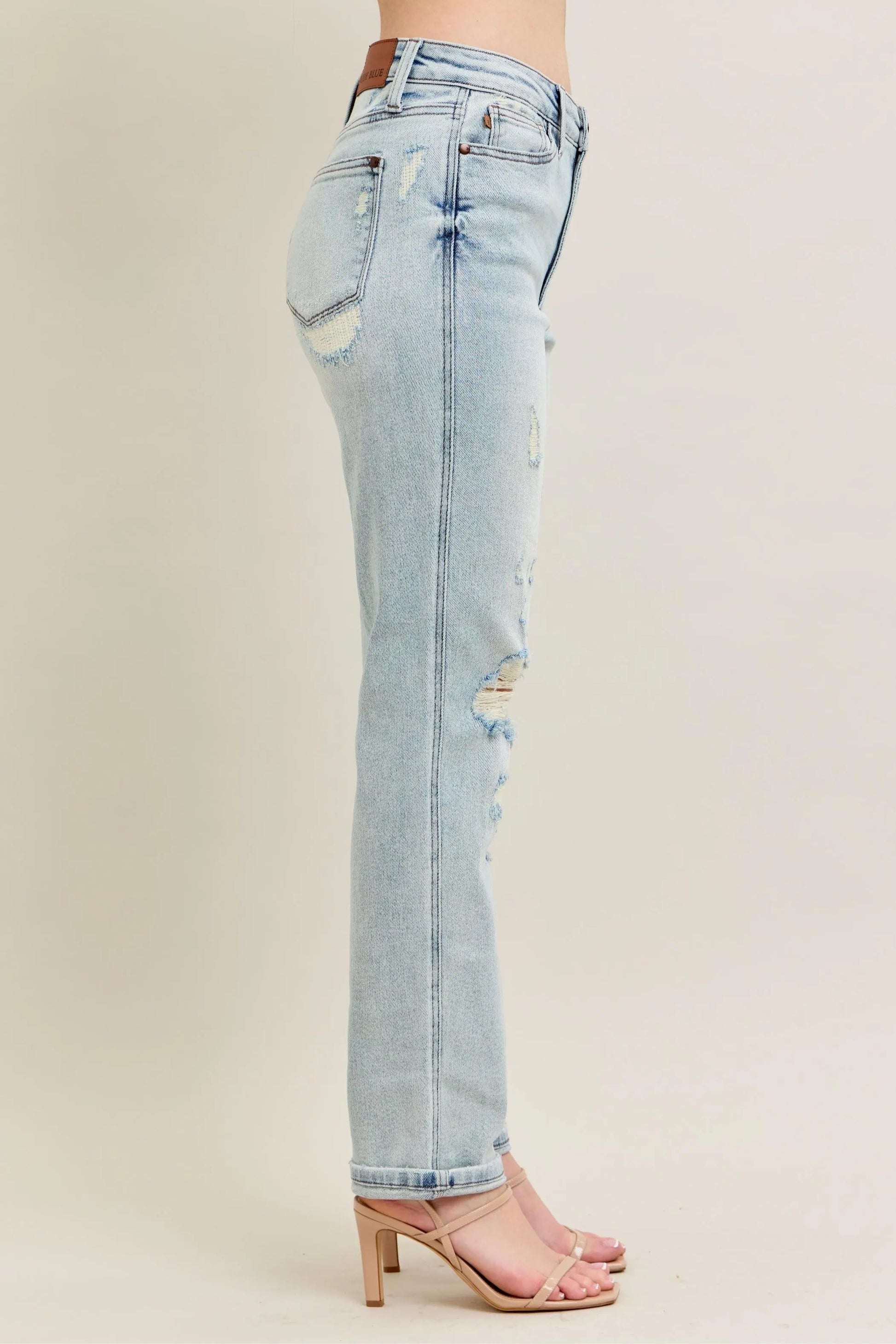 Judy Blue Full Size Mr Repair Stitch Detail Destroy Single Cuff Bf Jeans Plus Size - Fashorio