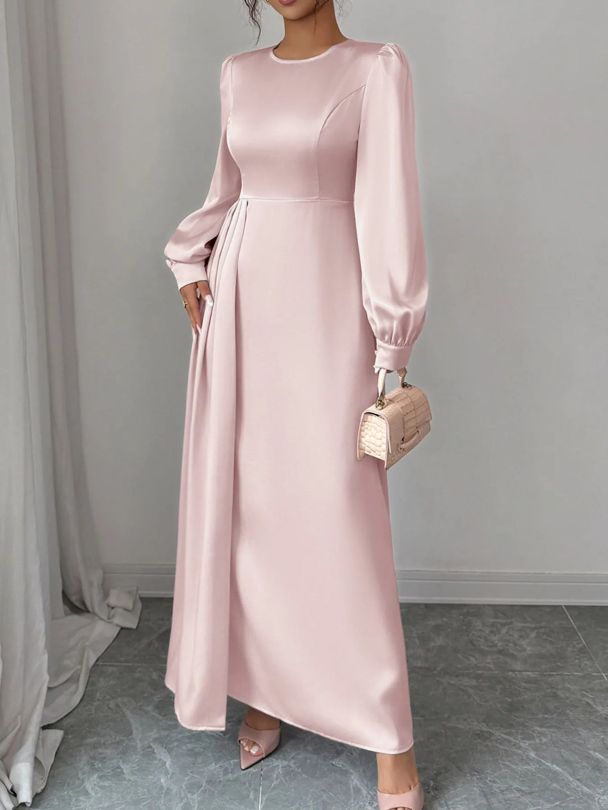 satin long sleeve maxi dress back view