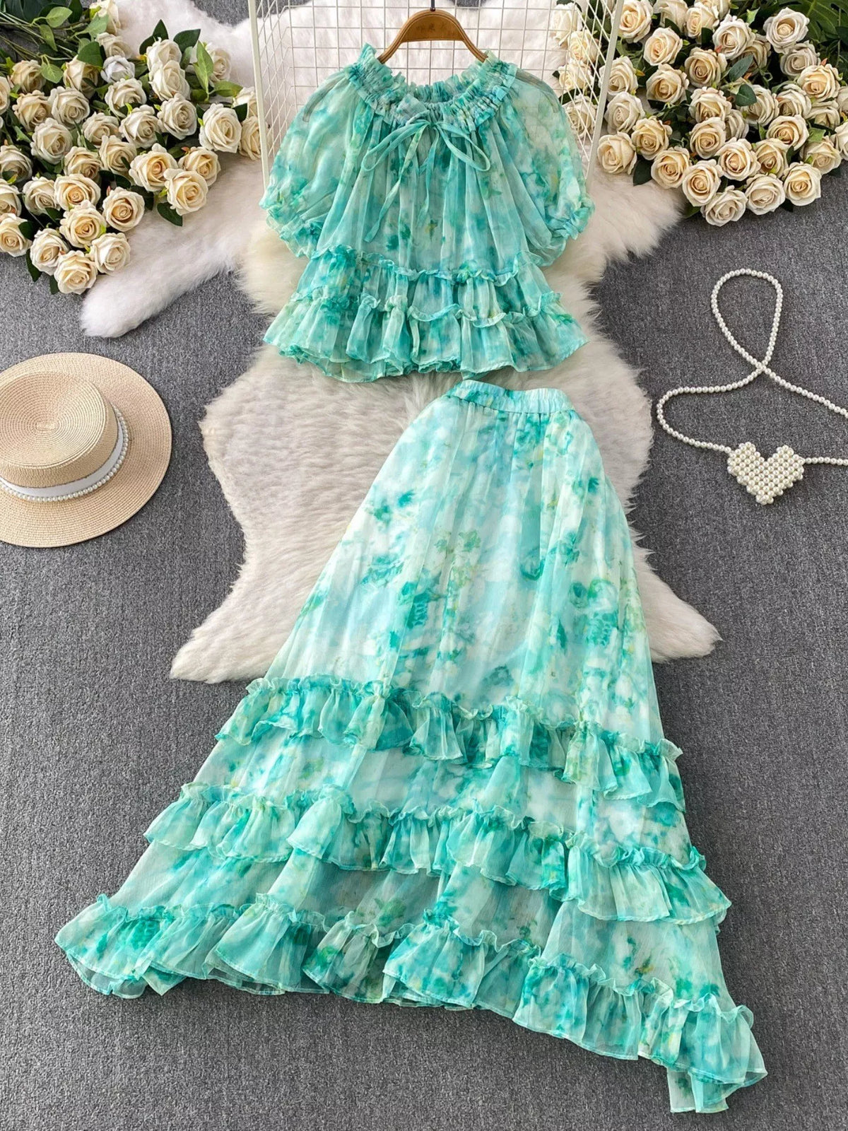Floral set sky blue color view