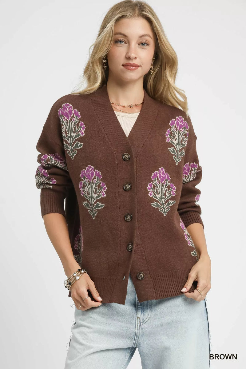 Floral Jacquard Cardigan in Brown