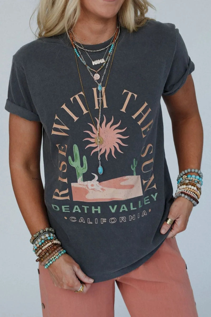 Rise with the sun graphic tee dark gray front view