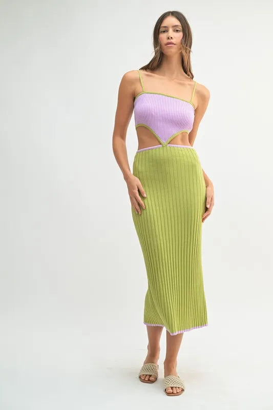 MABLE Ribbed Knit Color Block Cutout Midi Dress Lime - Fashorio